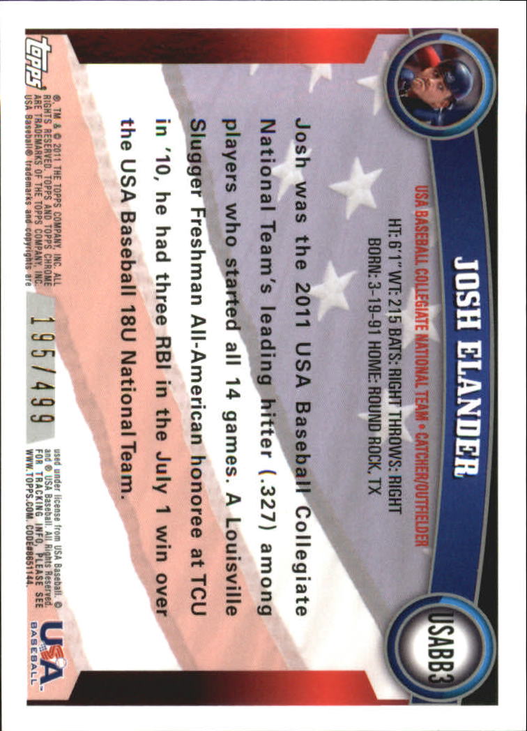 2011 Topps Chrome USA Baseball Blue Refractors #USABB3 Josh Elander back image
