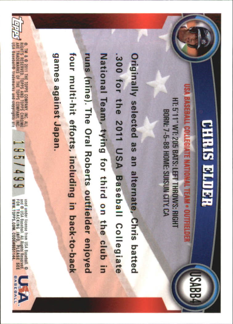 2011 Topps Chrome USA Baseball Blue Refractors #USABB4 Chris Elder back image