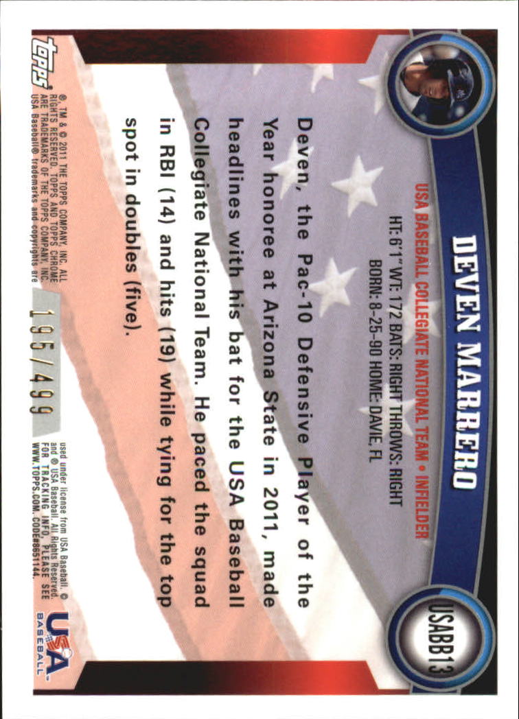 2011 Topps Chrome USA Baseball Blue Refractors #USABB13 Deven Marrero back image