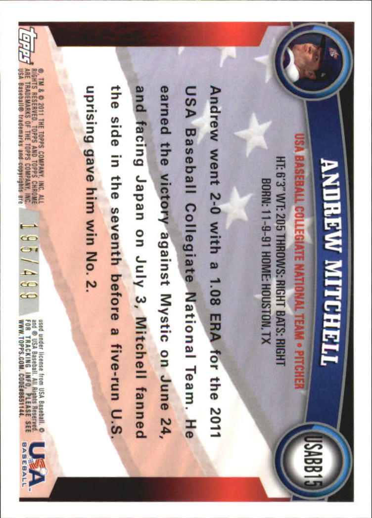 2011 Topps Chrome USA Baseball Blue Refractors #USABB15 Andrew Mitchell back image