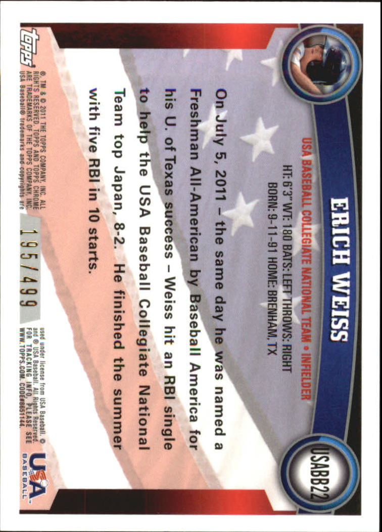 2011 Topps Chrome USA Baseball Blue Refractors #USABB22 Erich Weiss back image