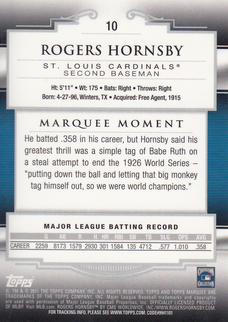 2011 Topps Marquee #10 Rogers Hornsby back image