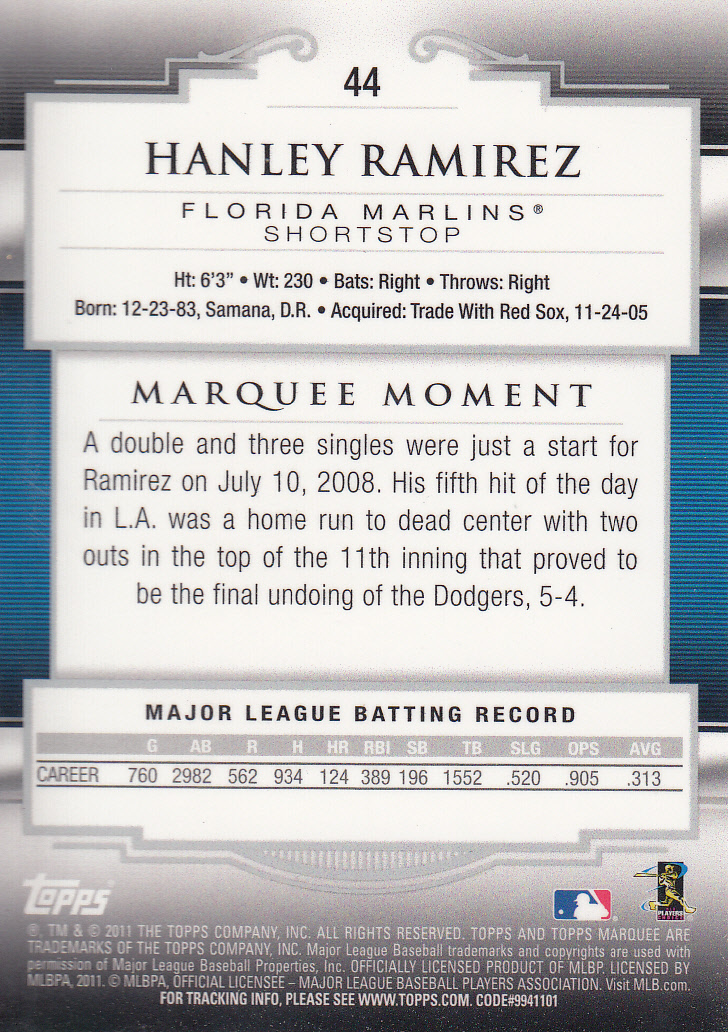 2011 Topps Marquee #44 Hanley Ramirez back image
