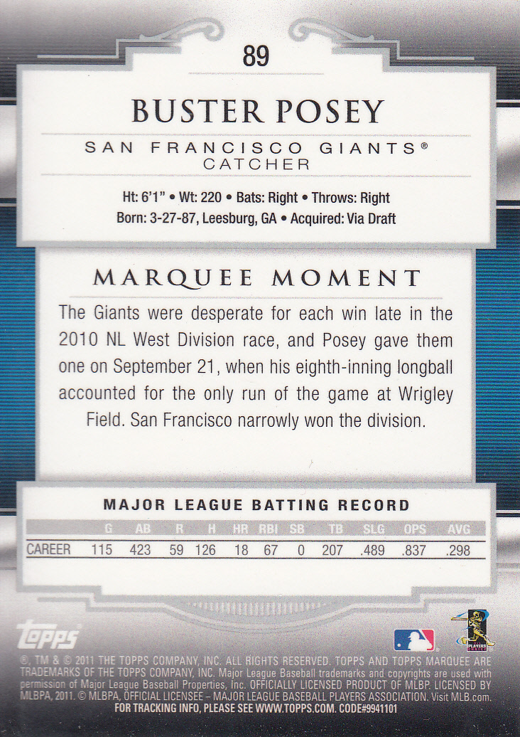 2011 Topps Marquee #89 Buster Posey back image