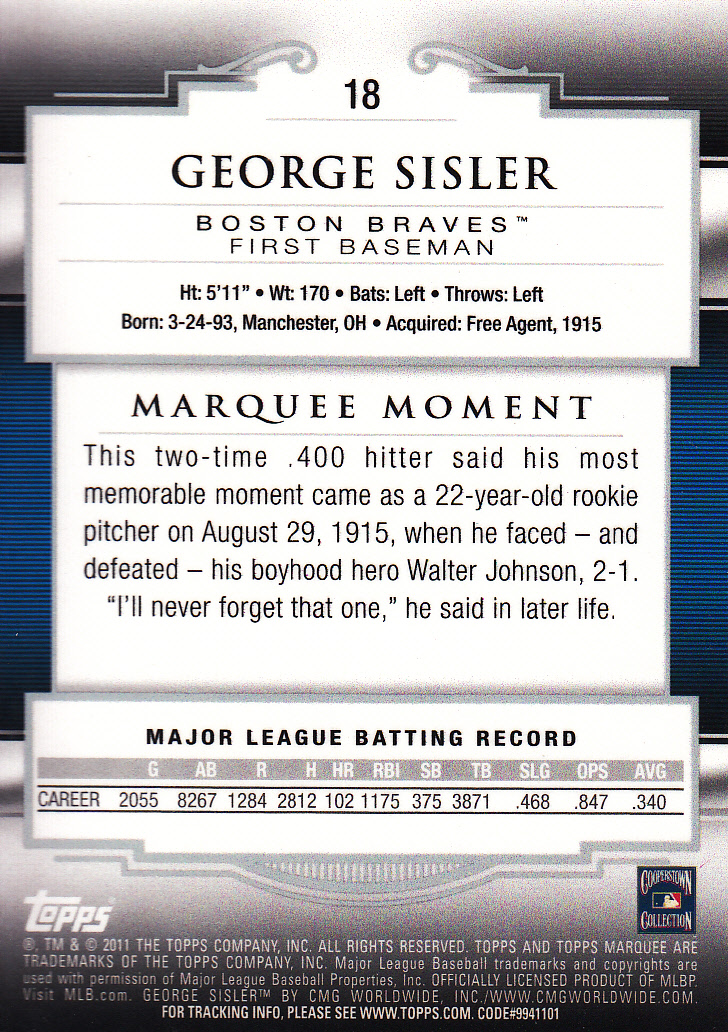 2011 Topps Marquee Blue #18 George Sisler back image