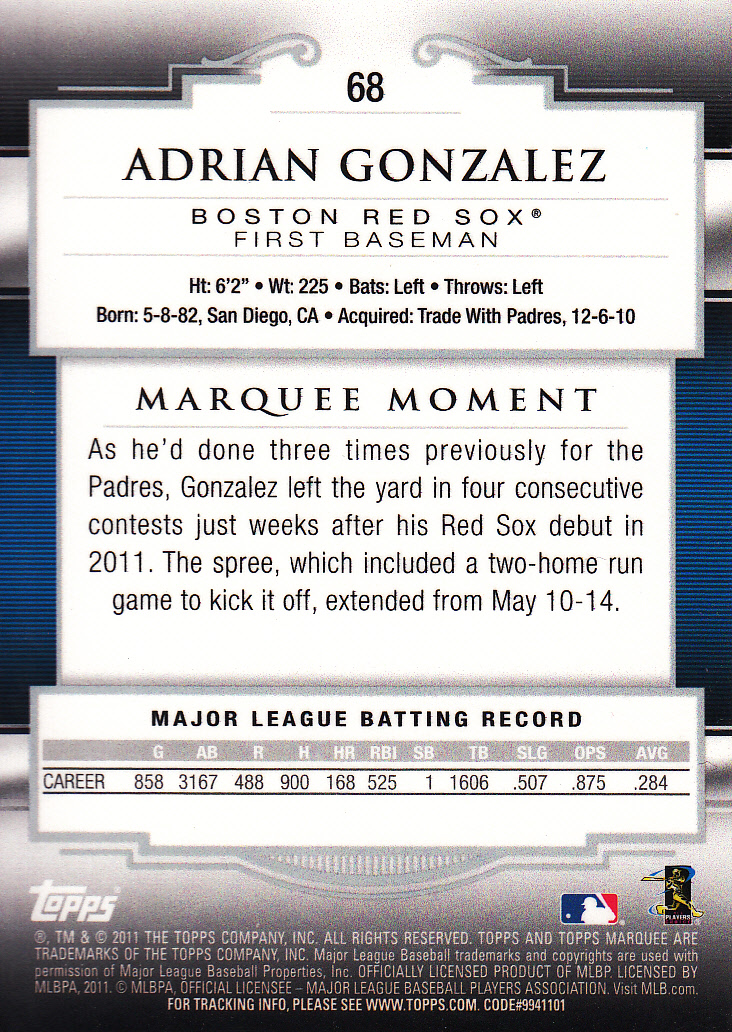 2011 Topps Marquee Blue #68 Adrian Gonzalez back image