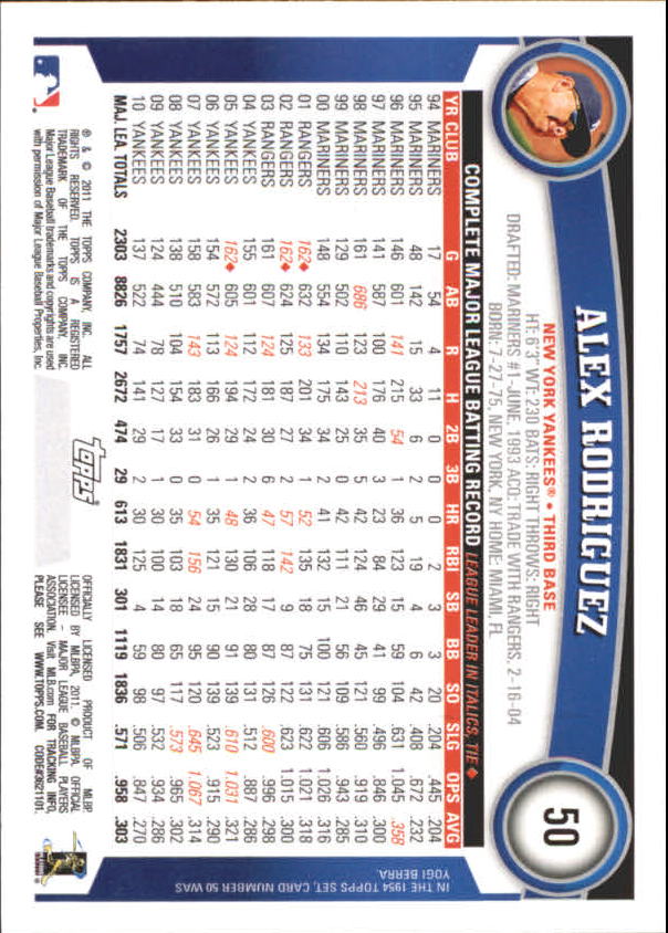 2011 Topps Diamond Anniversary Factory Set Limited Edition #50 Alex Rodriguez back image