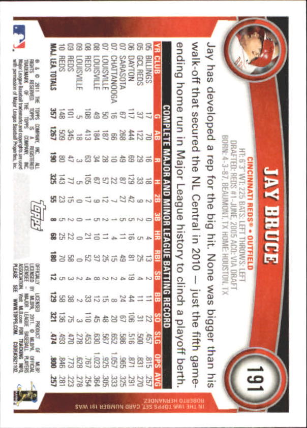 2011 Topps Diamond Anniversary Factory Set Limited Edition #191 Jay Bruce back image