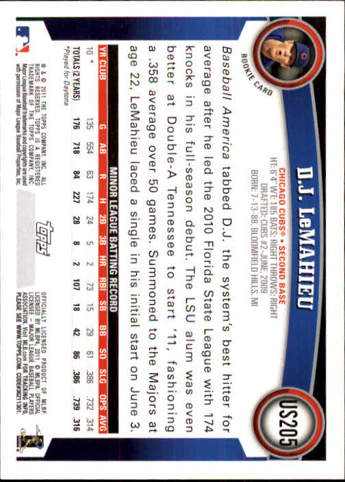 2011 Topps Update #US205 D.J. LeMahieu RC back image