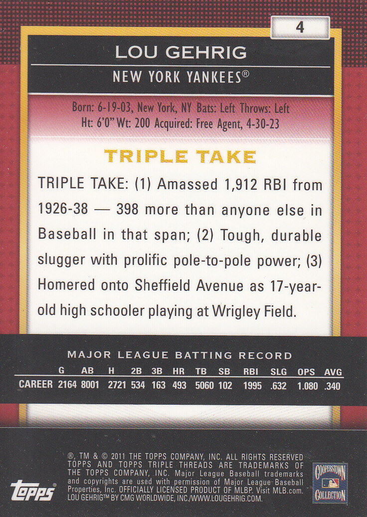 2011 Topps Triple Threads #4 Lou Gehrig back image