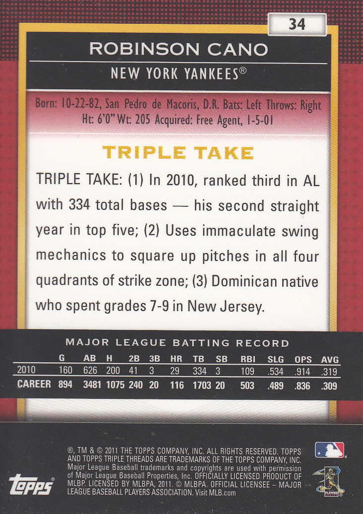 2011 Topps Triple Threads #34 Robinson Cano back image