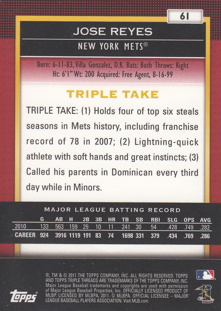 2011 Topps Triple Threads #61 Jose Reyes back image