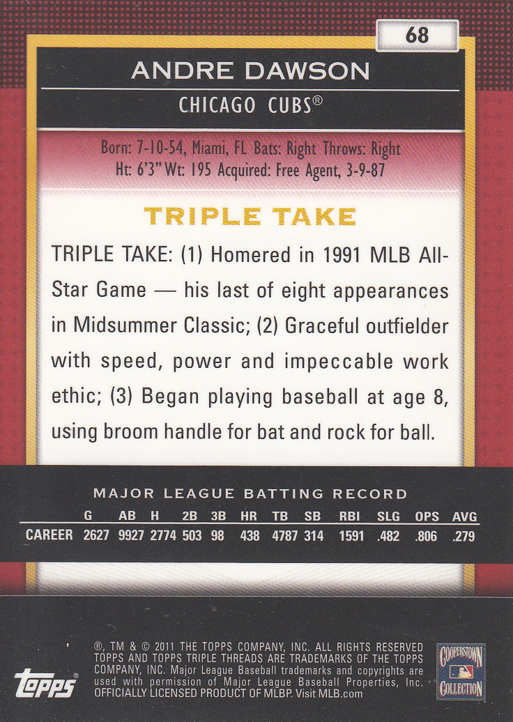 2011 Topps Triple Threads #68 Andre Dawson back image