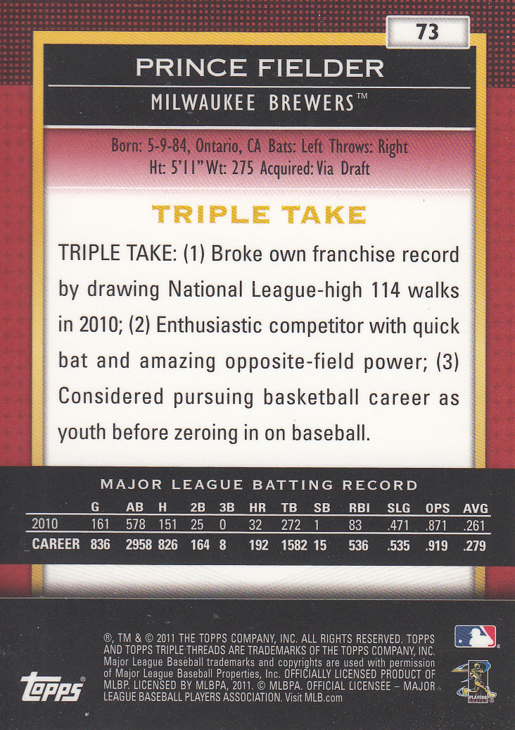 2011 Topps Triple Threads #73 Prince Fielder back image