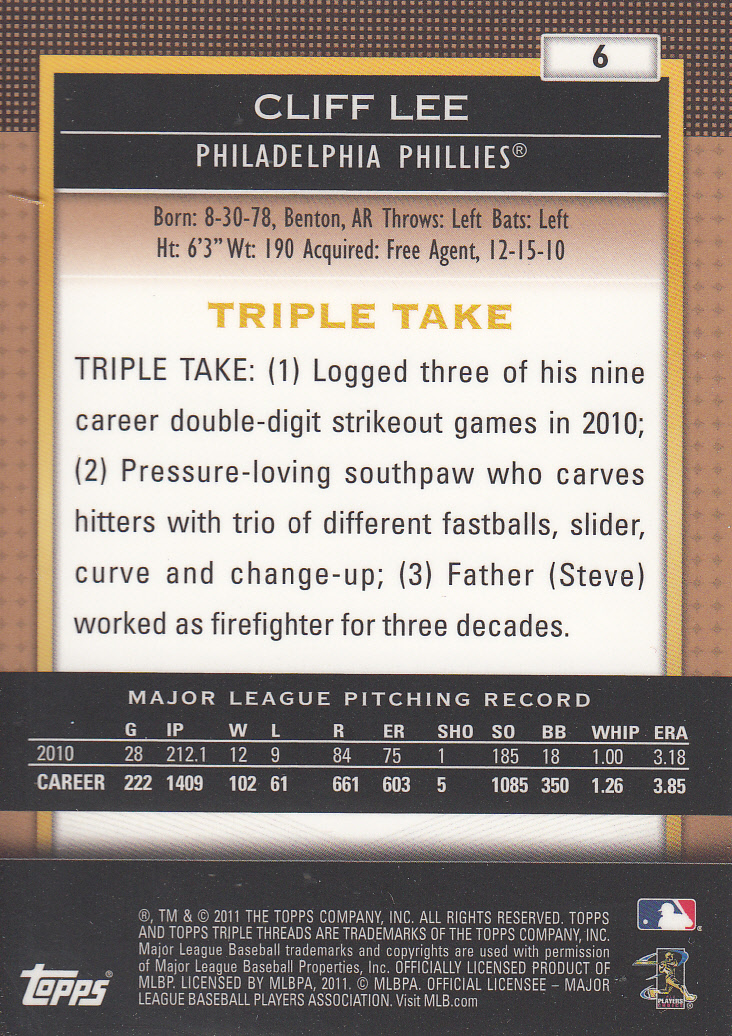 2011 Topps Triple Threads Sepia #6 Cliff Lee back image