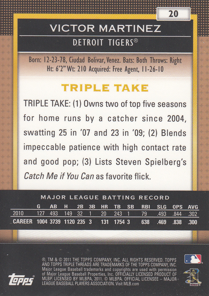 2011 Topps Triple Threads Sepia #20 Victor Martinez back image