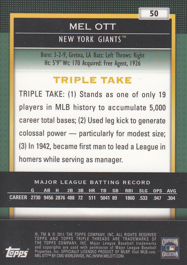 2011 Topps Triple Threads Emerald #50 Mel Ott back image