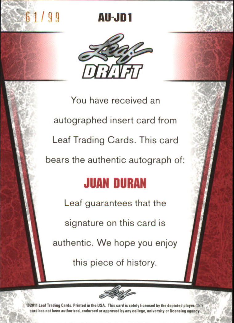 2011 Leaf Metal Draft #JD1 Juan Duran back image