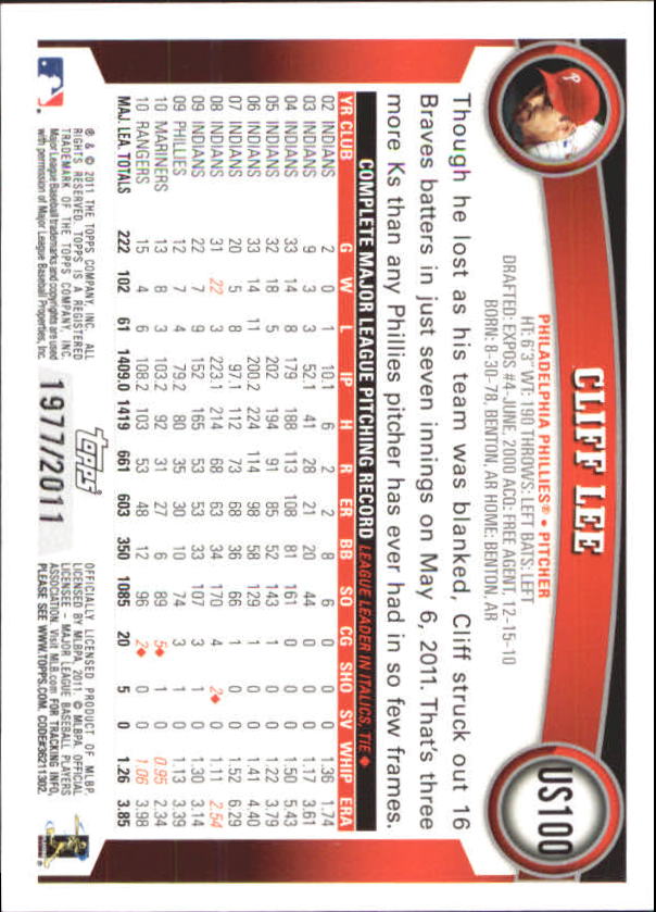 2011 Topps Update Gold #US100 Cliff Lee back image