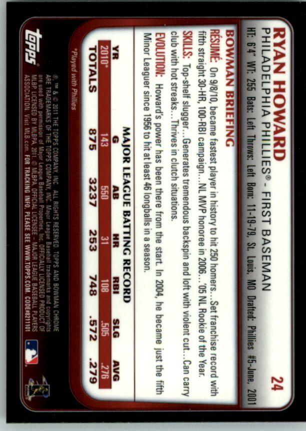 2011 Bowman Chrome #24 Ryan Howard back image