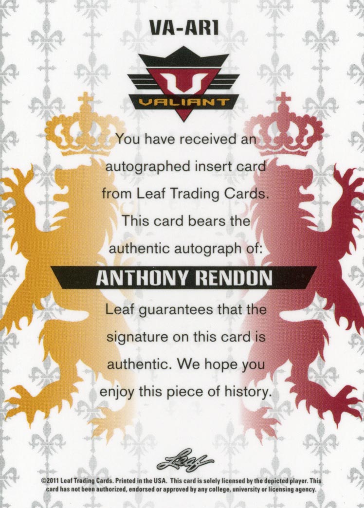 2011 Leaf Valiant Draft #AR1 Anthony Rendon back image