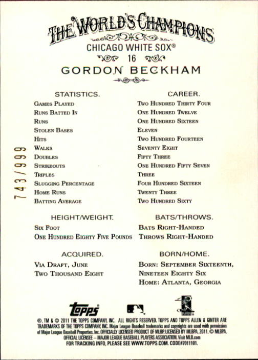 2011 Topps Allen and Ginter Glossy #16 Gordon Beckham back image