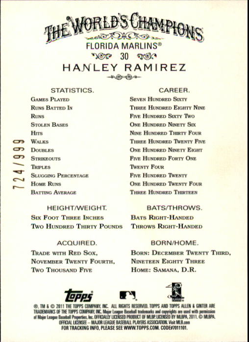 2011 Topps Allen and Ginter Glossy #30 Hanley Ramirez back image