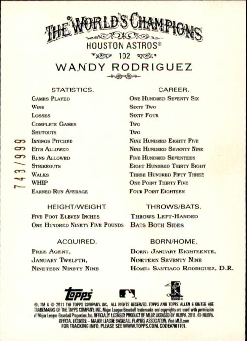 2011 Topps Allen and Ginter Glossy #102 Wandy Rodriguez back image