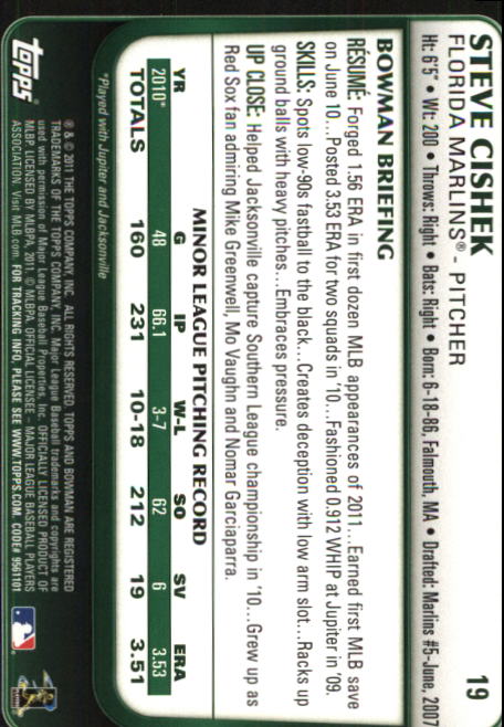 2011 Bowman Draft #19 Steve Cishek RC back image
