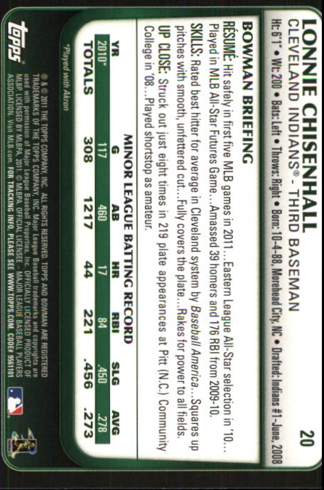 2011 Bowman Draft #20 Lonnie Chisenhall RC back image