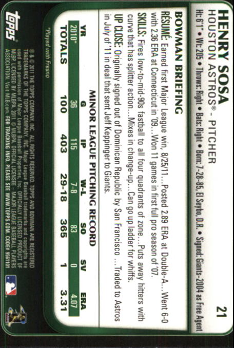 2011 Bowman Draft #21 Henry Sosa RC back image