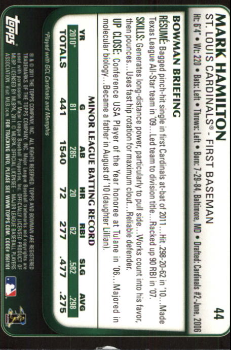 2011 Bowman Draft #44 Mark Hamilton RC back image