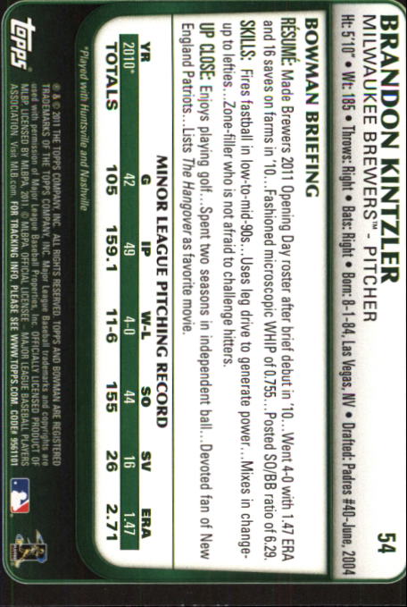 2011 Bowman Draft #54 Brandon Kintzler RC back image