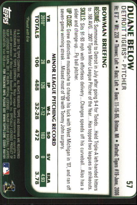 2011 Bowman Draft #57 Duane Below RC back image