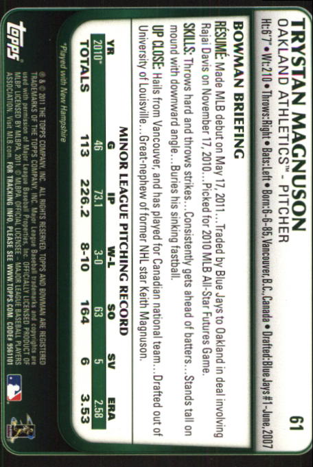 2011 Bowman Draft #61 Trystan Magnuson RC back image