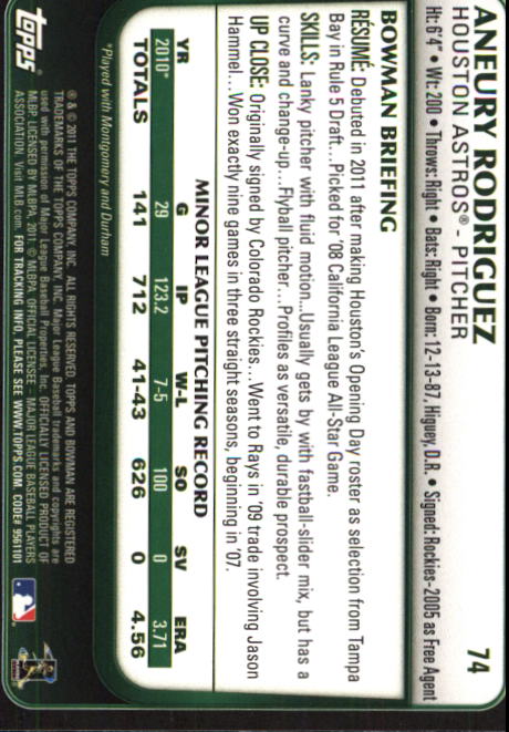 2011 Bowman Draft #74 Aneury Rodriguez RC back image