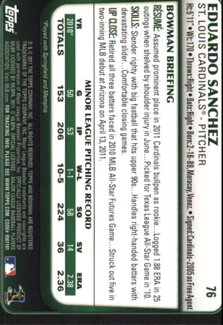 2011 Bowman Draft #76 Eduardo Sanchez RC back image