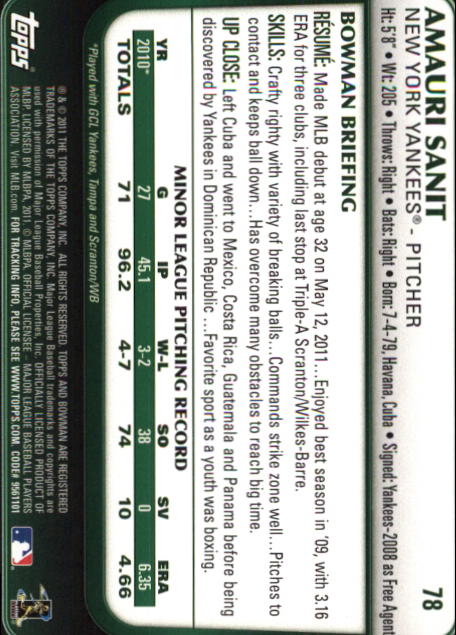 2011 Bowman Draft #78 Amauri Sanit RC back image