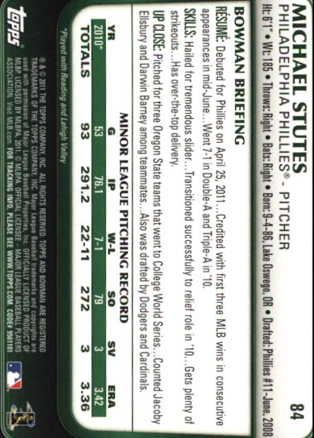 2011 Bowman Draft #84 Michael Stutes RC back image