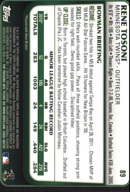 2011 Bowman Draft #89 Rene Tosoni RC back image