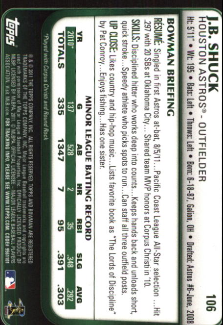 2011 Bowman Draft #106 J.B. Shuck RC back image