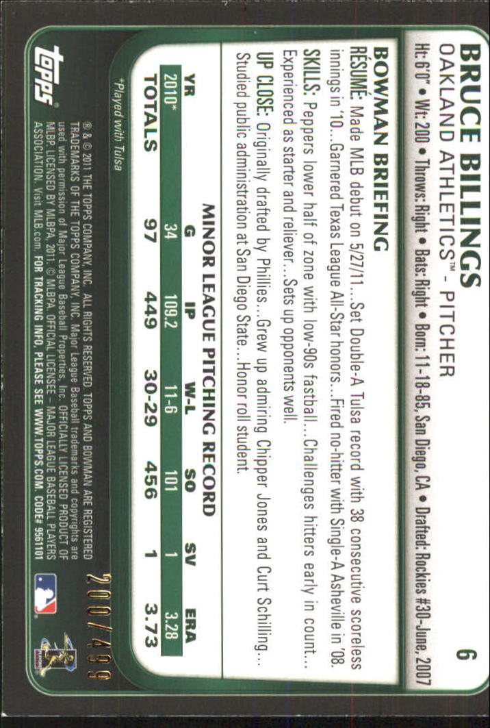 2011 Bowman Draft Blue #6 Bruce Billings back image