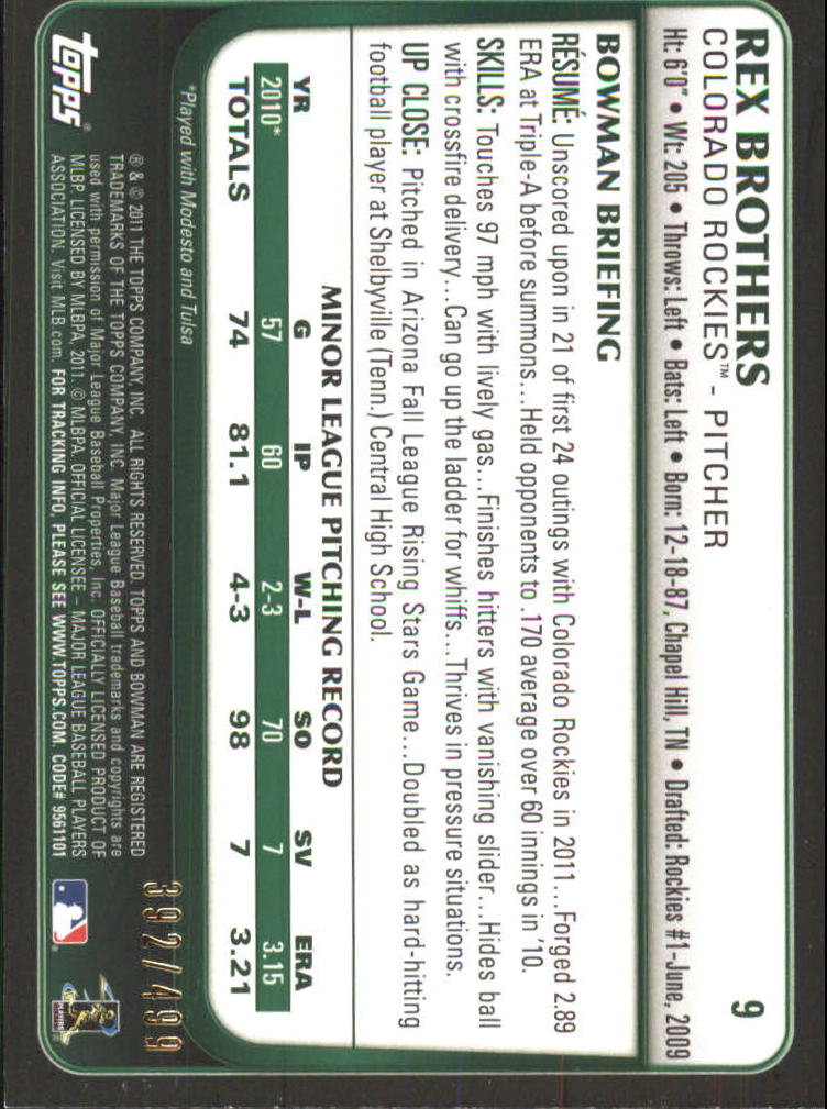 2011 Bowman Draft Blue #9 Rex Brothers back image