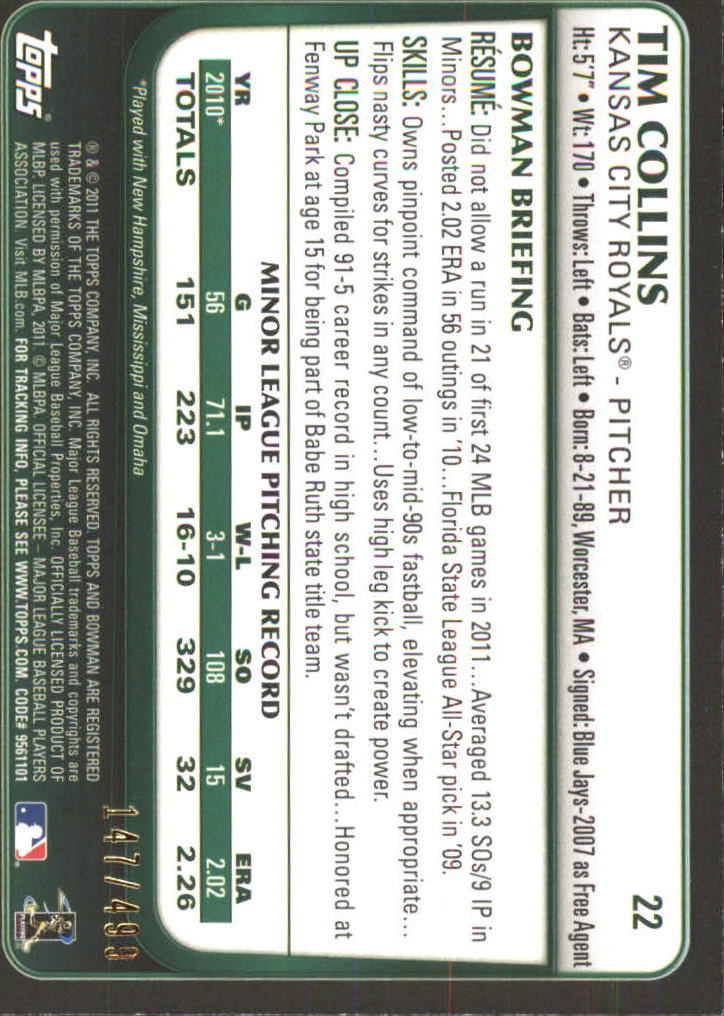 2011 Bowman Draft Blue #22 Tim Collins back image