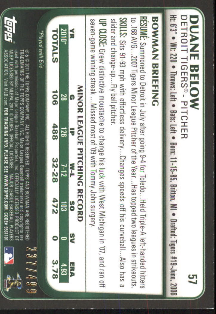 2011 Bowman Draft Blue #57 Duane Below back image