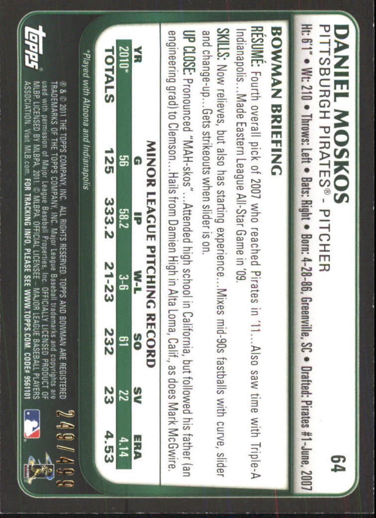 2011 Bowman Draft Blue #64 Daniel Moskos back image