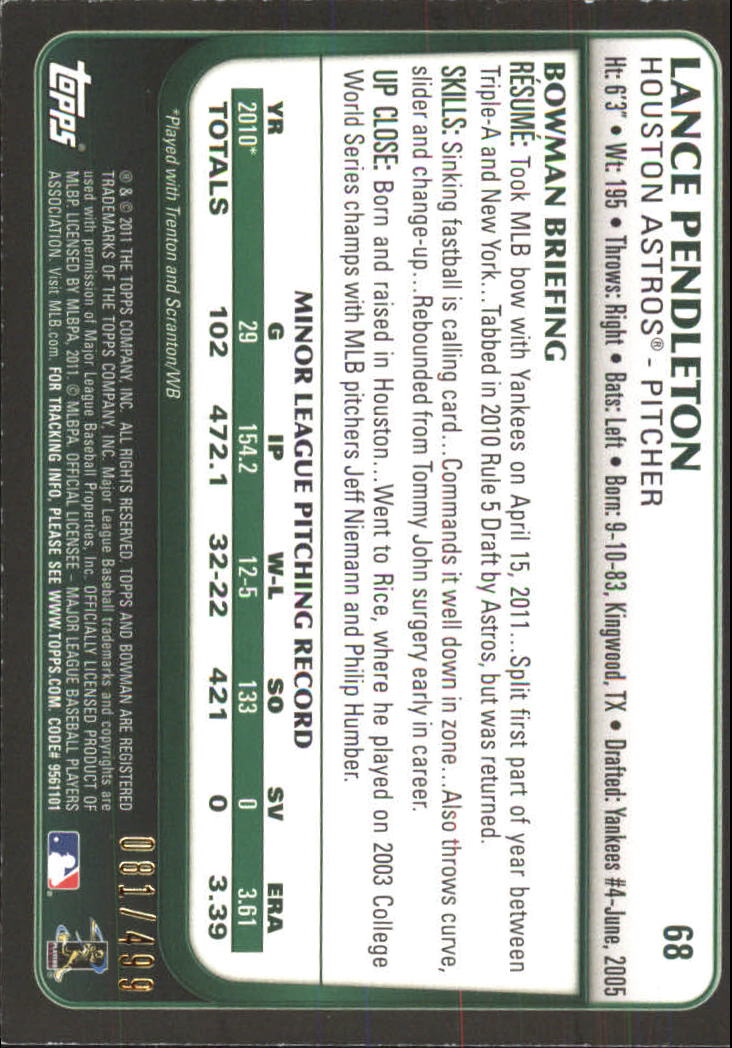 2011 Bowman Draft Blue #68 Lance Pendleton back image