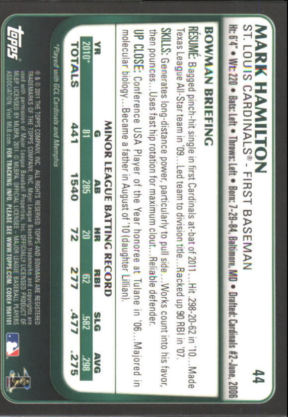 2011 Bowman Draft Gold #44 Mark Hamilton back image