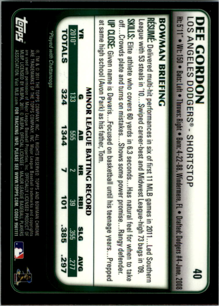2011 Bowman Chrome Draft #40 Dee Gordon RC back image