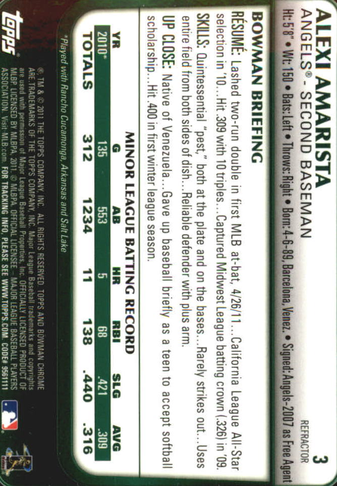 2011 Bowman Chrome Draft Refractors #3 Alexi Amarista back image